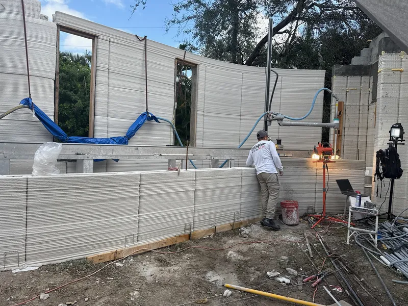 A 3D concrete printer laying down a wall layer by layer on a New Era 3D job site