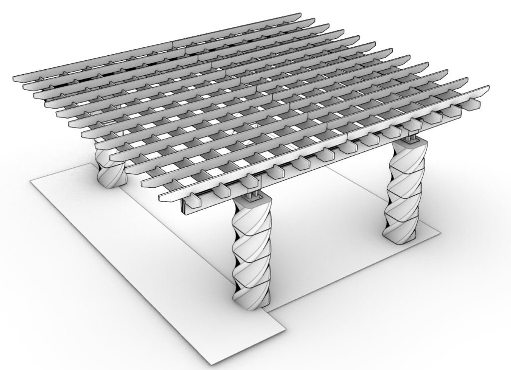 CAD model of a custom pergola with spiral-carved columns